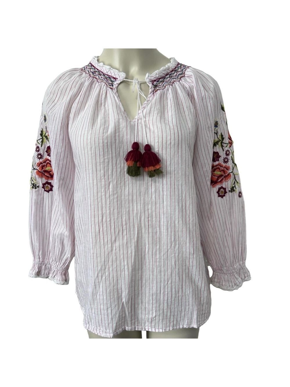 Velvet by Graham & Spencer Cotton Blouse Size M White Floral Embroidered